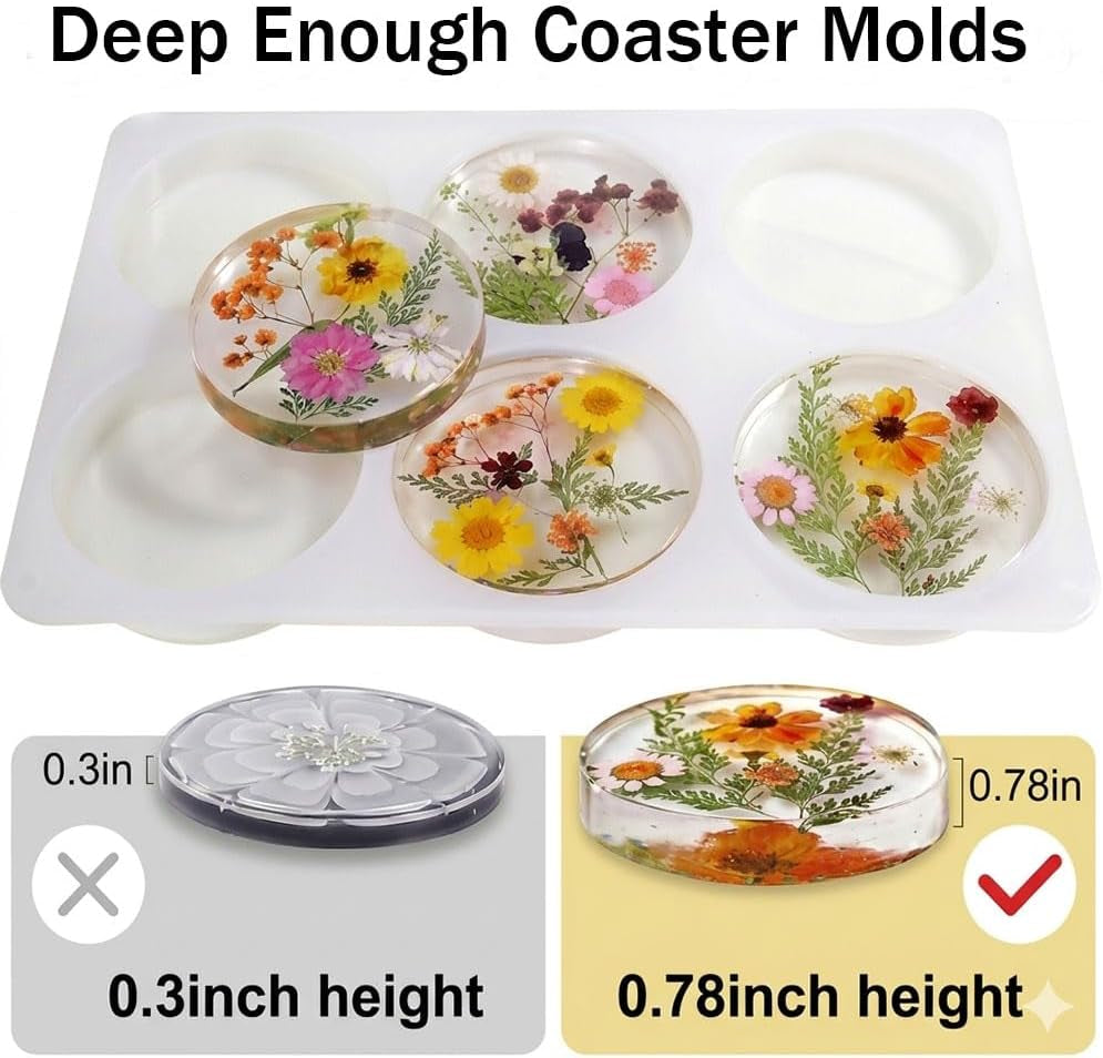 Deep round Resin Coaster Molds, 6 Cavity Thicken round Silicone Coaster Molds for Epoxy Resin, DIY Crafts, Bouquet Preservation,Home Decoration