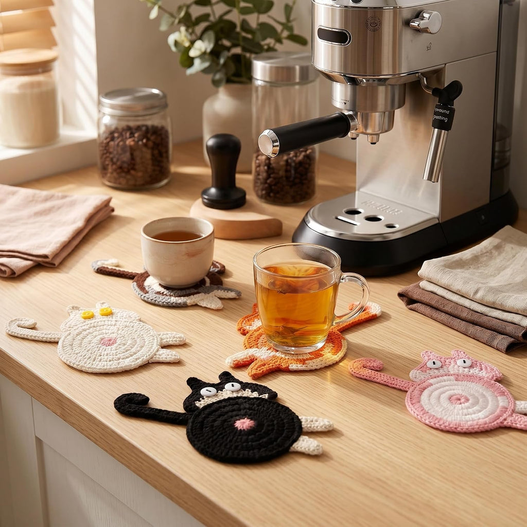 Cat Gifts for Cat Lovers 5PCS Cat Coaster Woven Creative Cute Cat Coaster Insulation Coaster Coffee and Tea Coaster Desktop Gifts