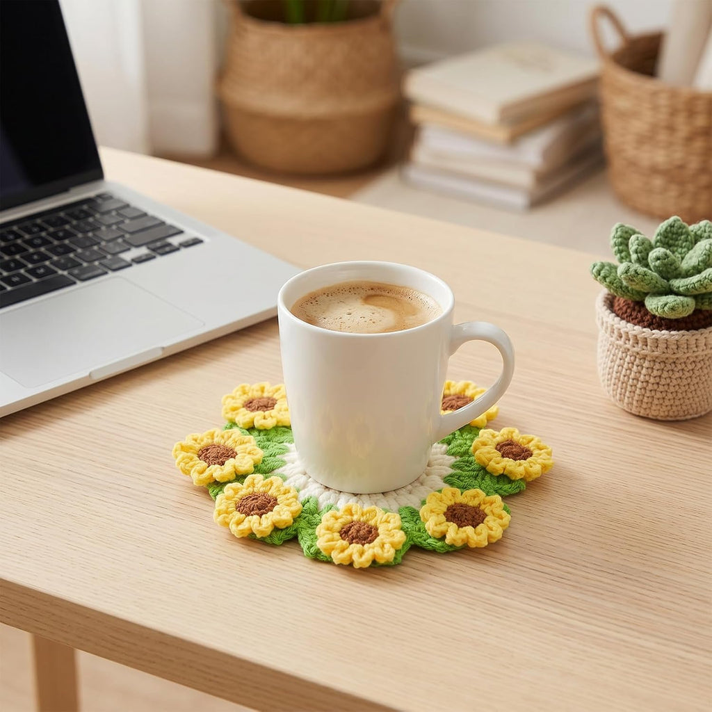 Handmade Crochet Sunflower Coaster, Knitted Flowers Desk Coaster, Absorbent Cute Crochet Flower Coasters for Coffee Tabletop Protection and Home Decor Housewarming Gift