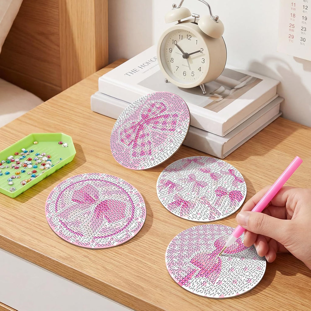 8PCS Pink Bowknot Diamond Art Coasters Set DIY Diamond Coasters Kit Office Home Kitchen Bows Cup Diamonds Painting Coaster