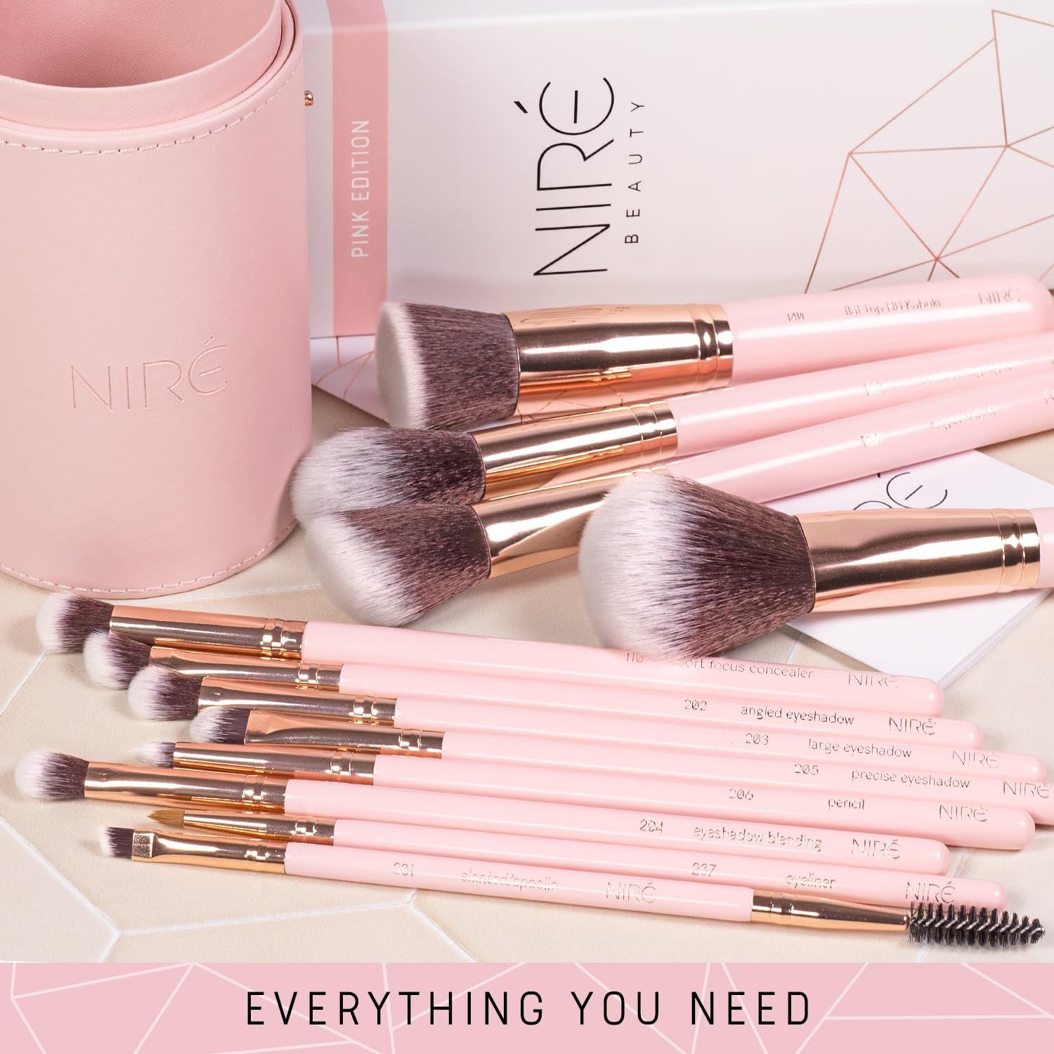 Beauty 15 Piece Award Winning Pink Makeup Brush Set: Cute Vegan Makeup Brushes for Women, Teen Girls & Tweens with Holder Case, Sponge, Cleaner & Guide, Gift Box