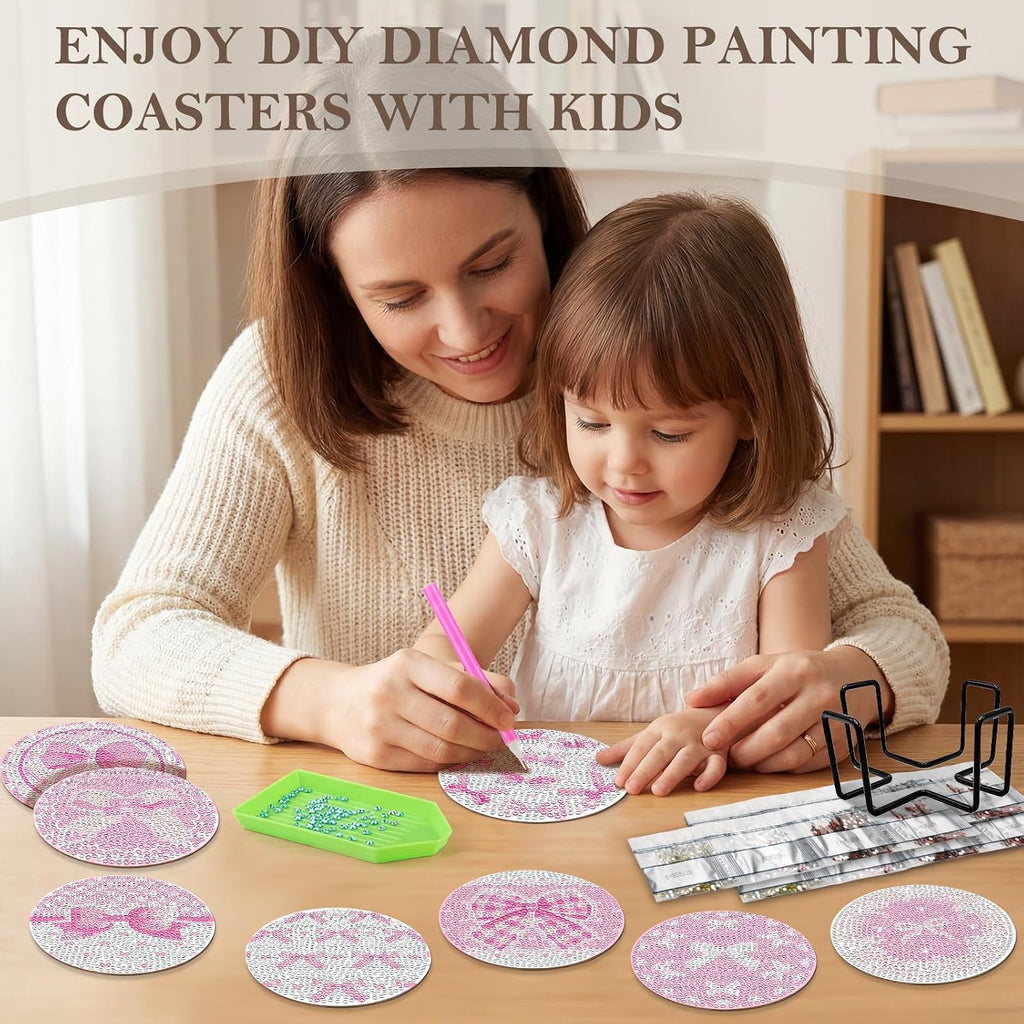 8PCS Pink Bowknot Diamond Art Coasters Set DIY Diamond Coasters Kit Office Home Kitchen Bows Cup Diamonds Painting Coaster