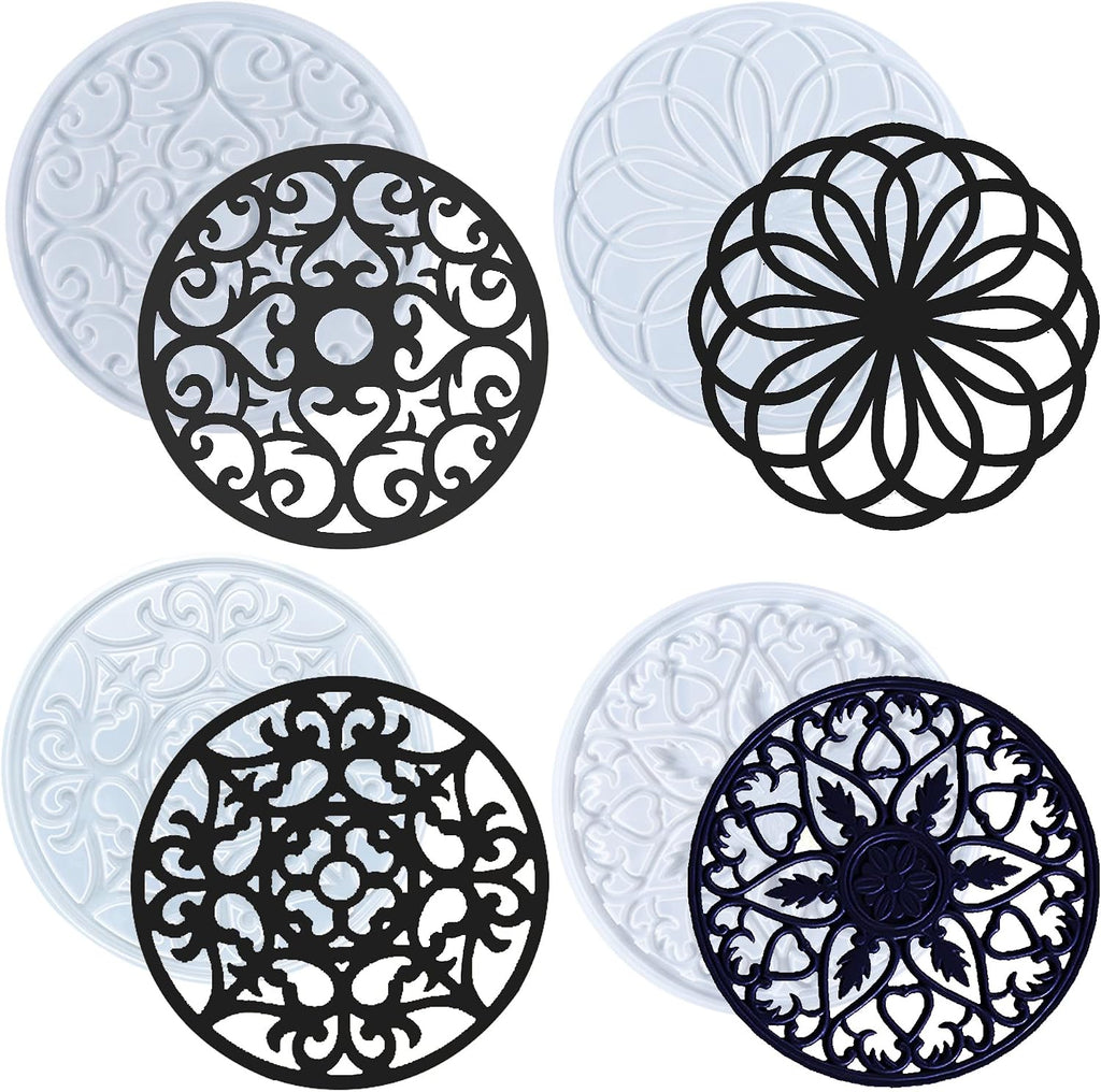 4 PCS Coaster Resin Moulds, Large Hollow Flower Silicone Coaster Moulds for Resin 3D Mandala Jewelry Casting Moulds for Cups Coaster Home Decoration Coaster Mould Set