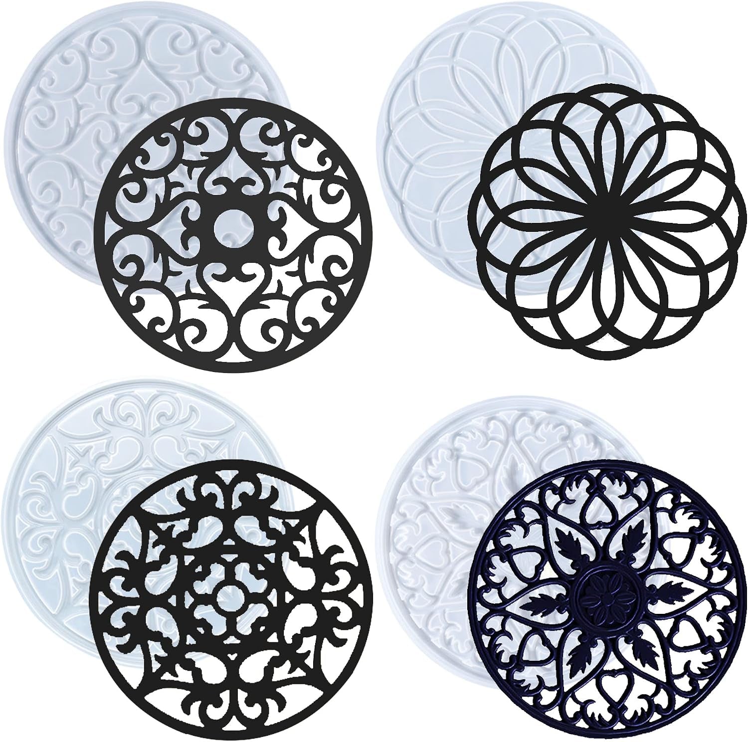 4 PCS Coaster Resin Moulds, Large Hollow Flower Silicone Coaster Moulds for Resin 3D Mandala Jewelry Casting Moulds for Cups Coaster Home Decoration Coaster Mould Set