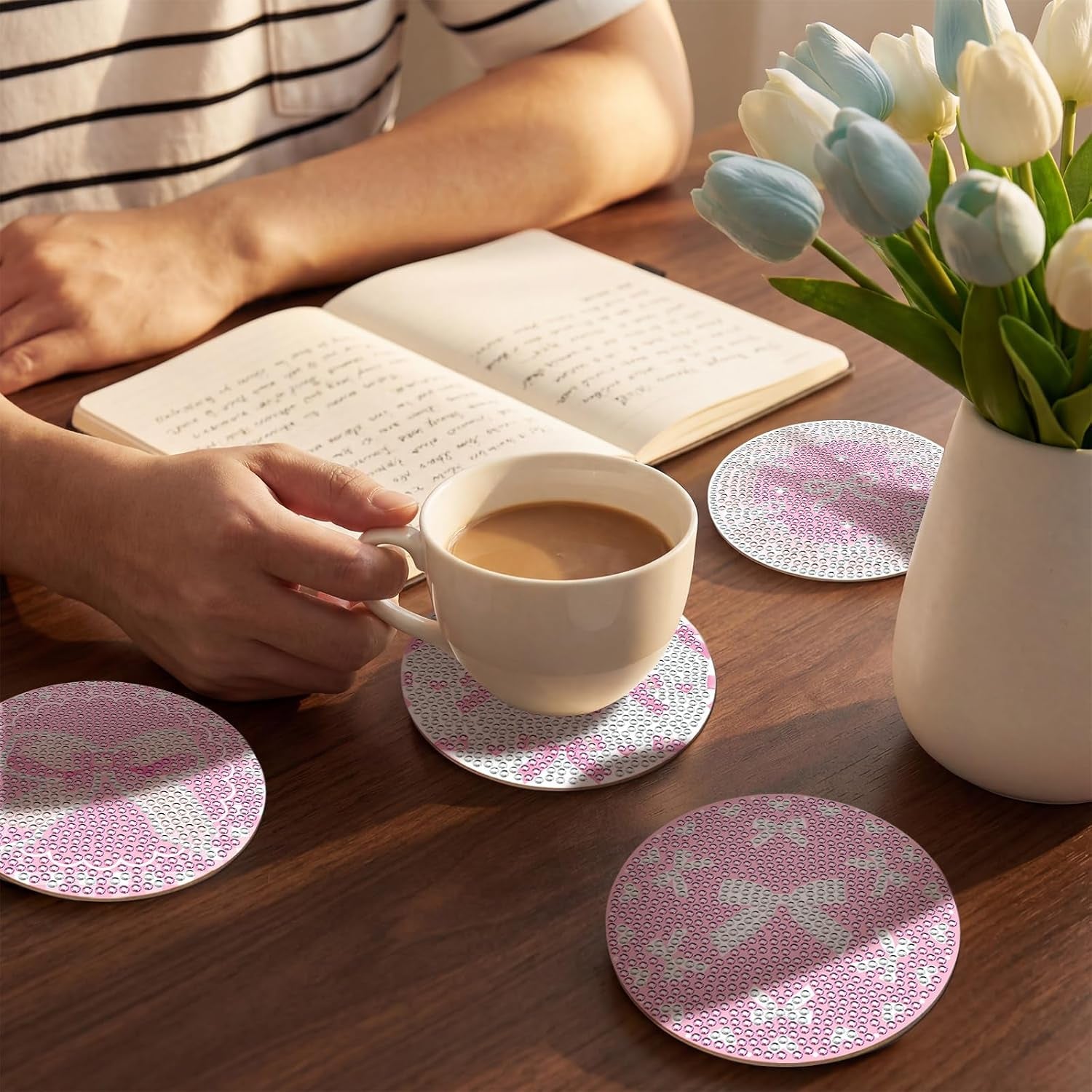 8PCS Pink Bowknot Diamond Art Coasters Set DIY Diamond Coasters Kit Office Home Kitchen Bows Cup Diamonds Painting Coaster