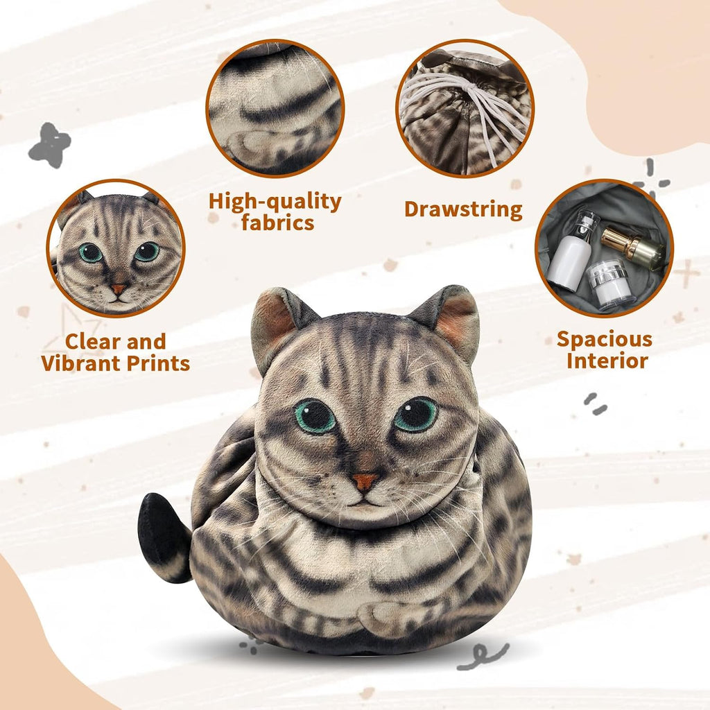 Cat Shaped Drawstring Makeup Bag, Portable Travel Kitten Cosmetic Bag, Flat Lay Toiletry Bag Funny Cat Cosmetic Pouch, Soft Makeup Bag Organizer for Womencat Lovers