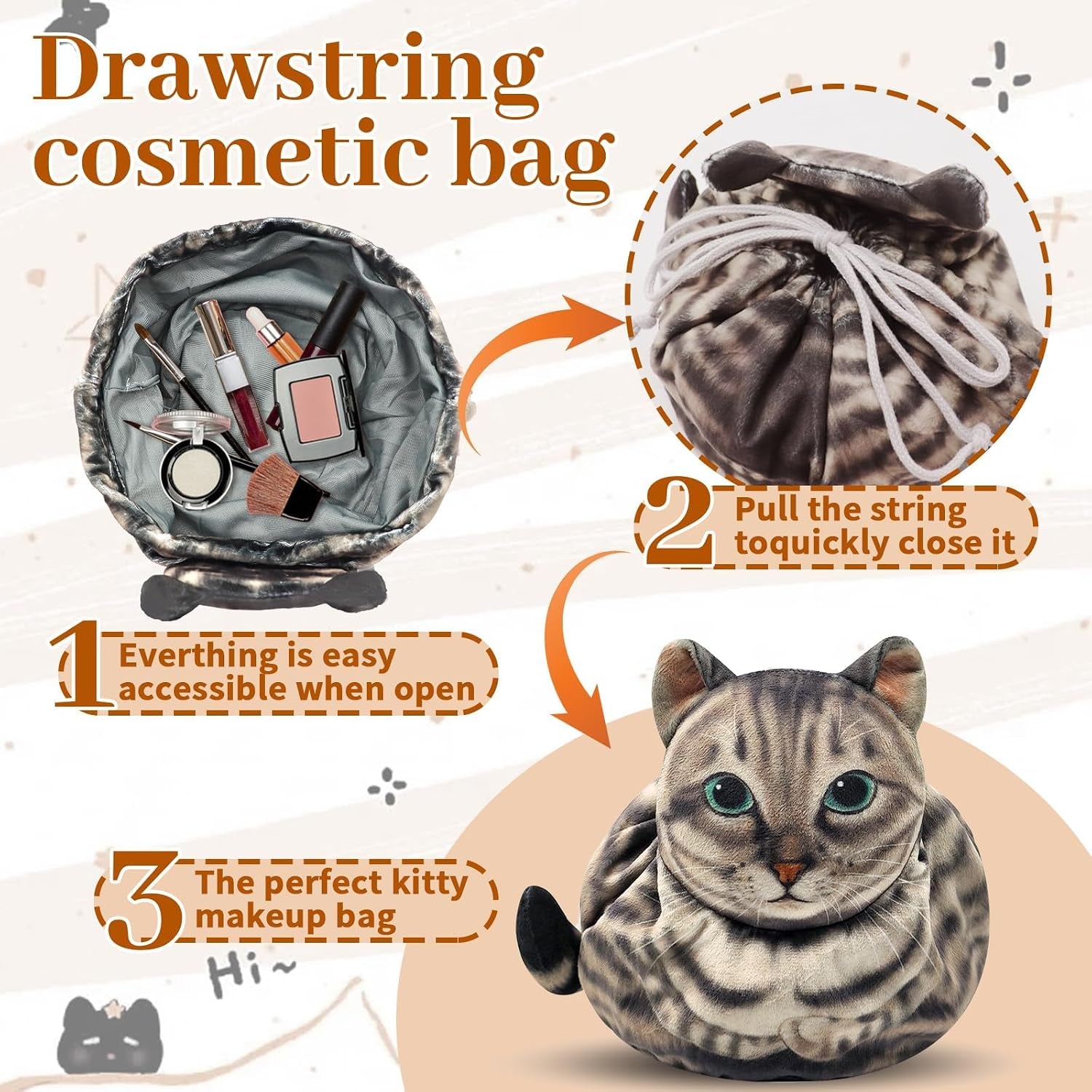 Cat Shaped Drawstring Makeup Bag, Portable Travel Kitten Cosmetic Bag, Flat Lay Toiletry Bag Funny Cat Cosmetic Pouch, Soft Makeup Bag Organizer for Womencat Lovers