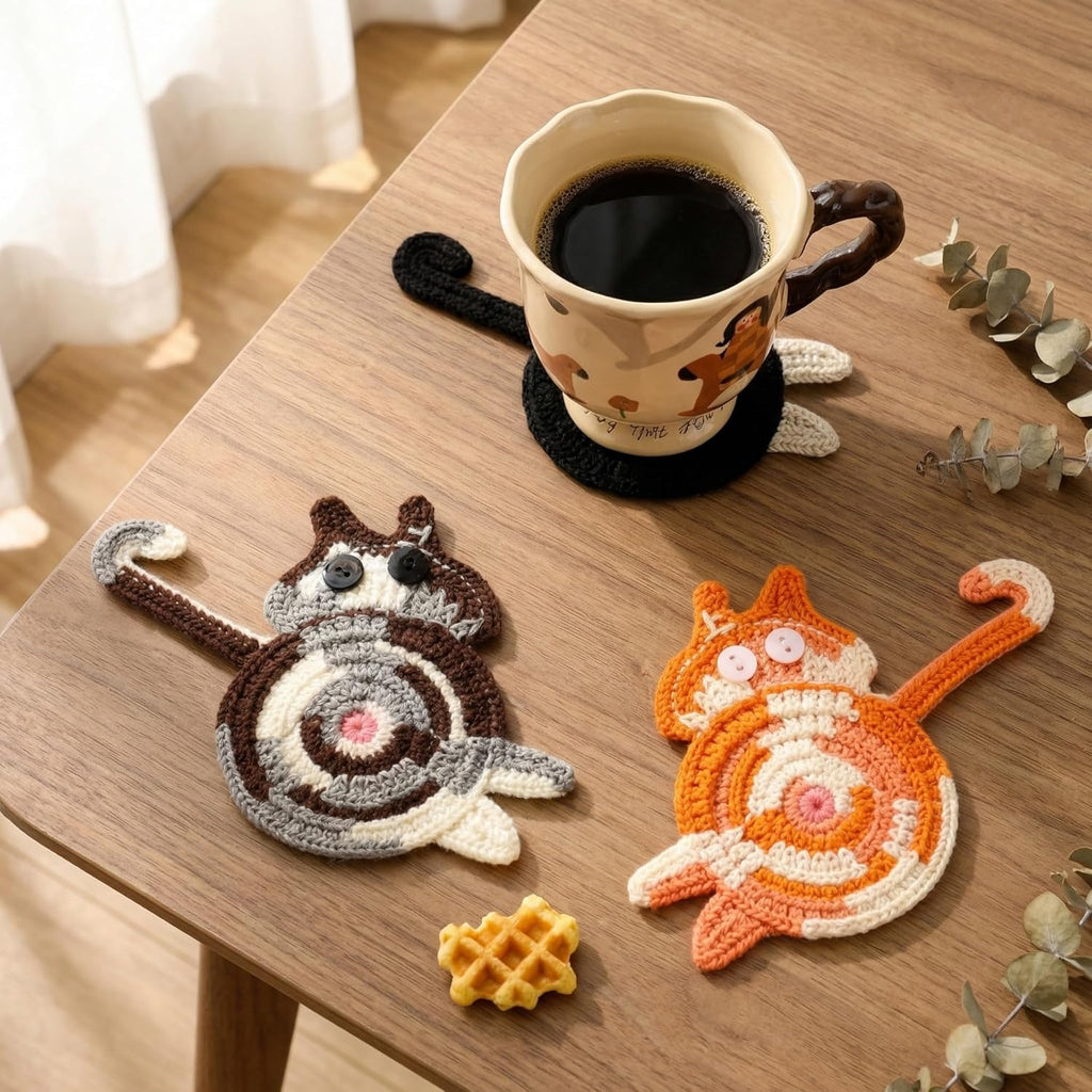 Cat Gifts for Cat Lovers 3PCS Cat Coaster Woven Creative Cute Cat Coaster Insulation Coaster Coffee and Tea Coaster Desktop Gifts