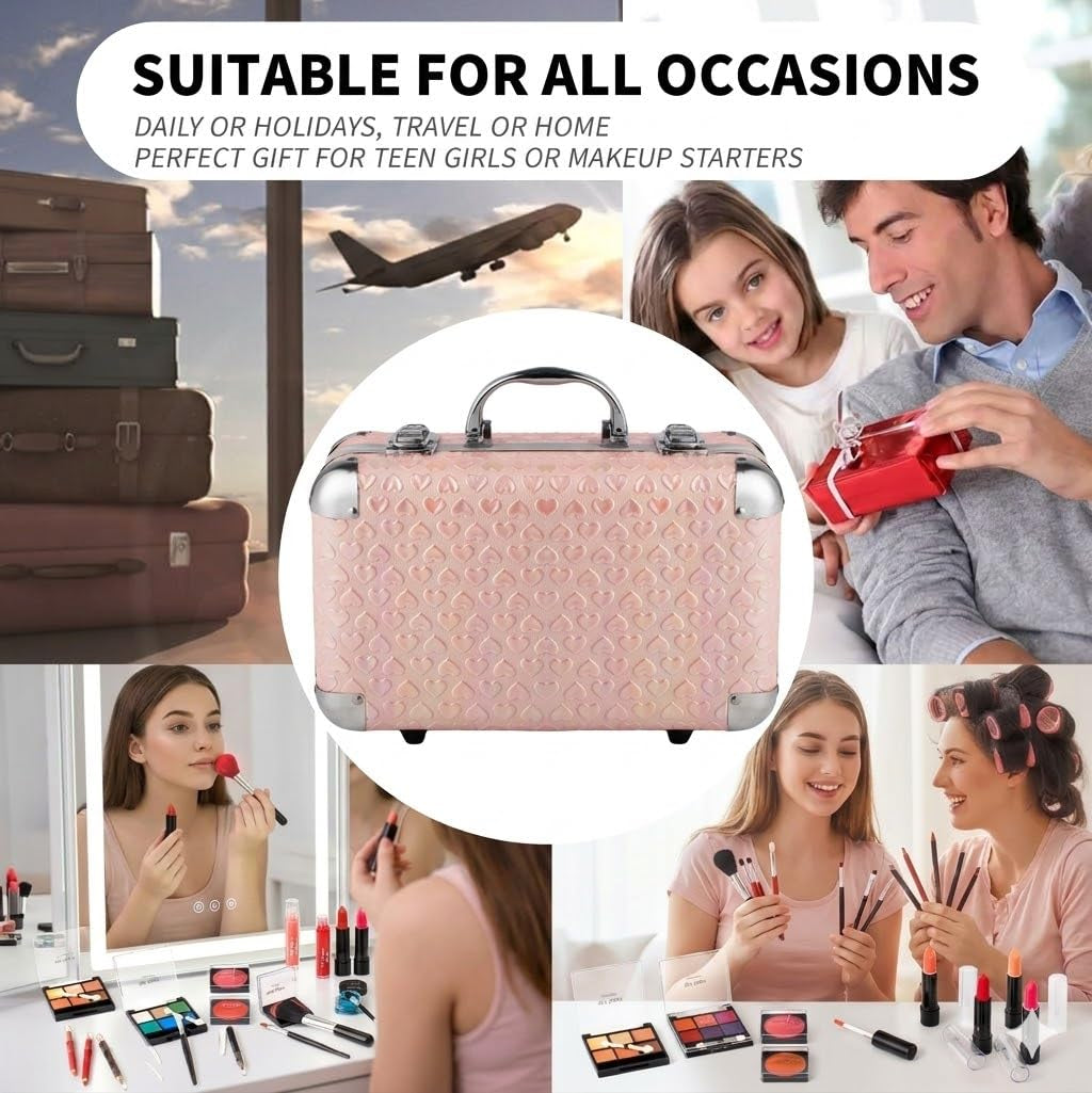 All in One Makeup Set for Teenager Girls, Full Makeup Kit for Beginners Includes Eye Shadow Palette Blush Lip Gloss Lipstick Lip Pencil Eye Pencil Brush Mirror (Pink Heart)