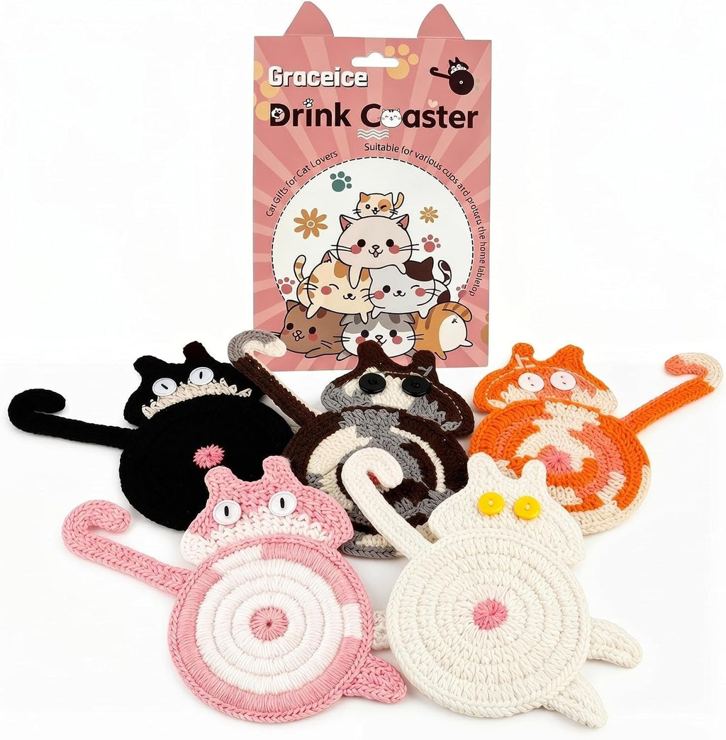 Cat Gifts for Cat Lovers 5PCS Cat Coaster Woven Creative Cute Cat Coaster Insulation Coaster Coffee and Tea Coaster Desktop Gifts
