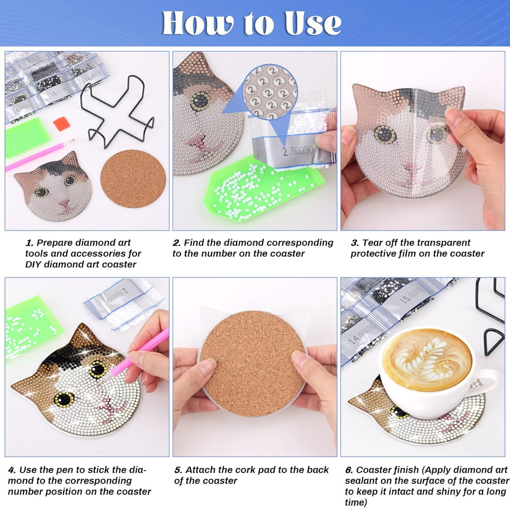 8 Pieces Diamond Painting Coasters Kit with Holder, Diamond Art Coasters, DIY Diamond Art Crafts Projects, Diamond Dot Kits for Adults and Beginners(Cat Style)