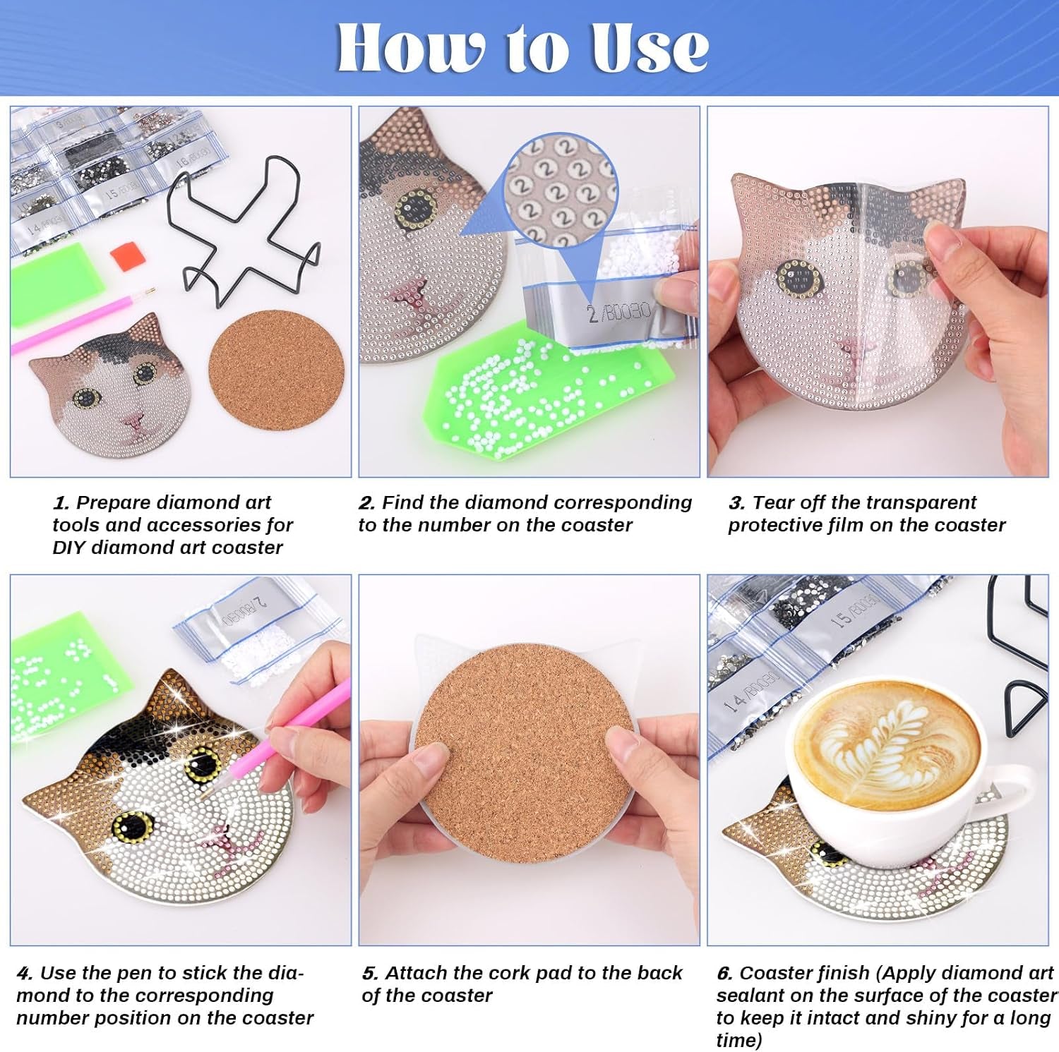 8 Pieces Diamond Painting Coasters Kit with Holder, Diamond Art Coasters, DIY Diamond Art Crafts Projects, Diamond Dot Kits for Adults and Beginners(Cat Style)