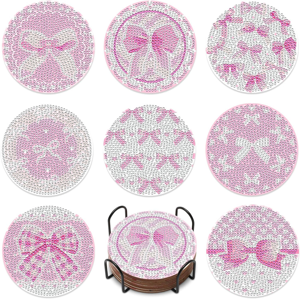 8PCS Pink Bowknot Diamond Art Coasters Set DIY Diamond Coasters Kit Office Home Kitchen Bows Cup Diamonds Painting Coaster