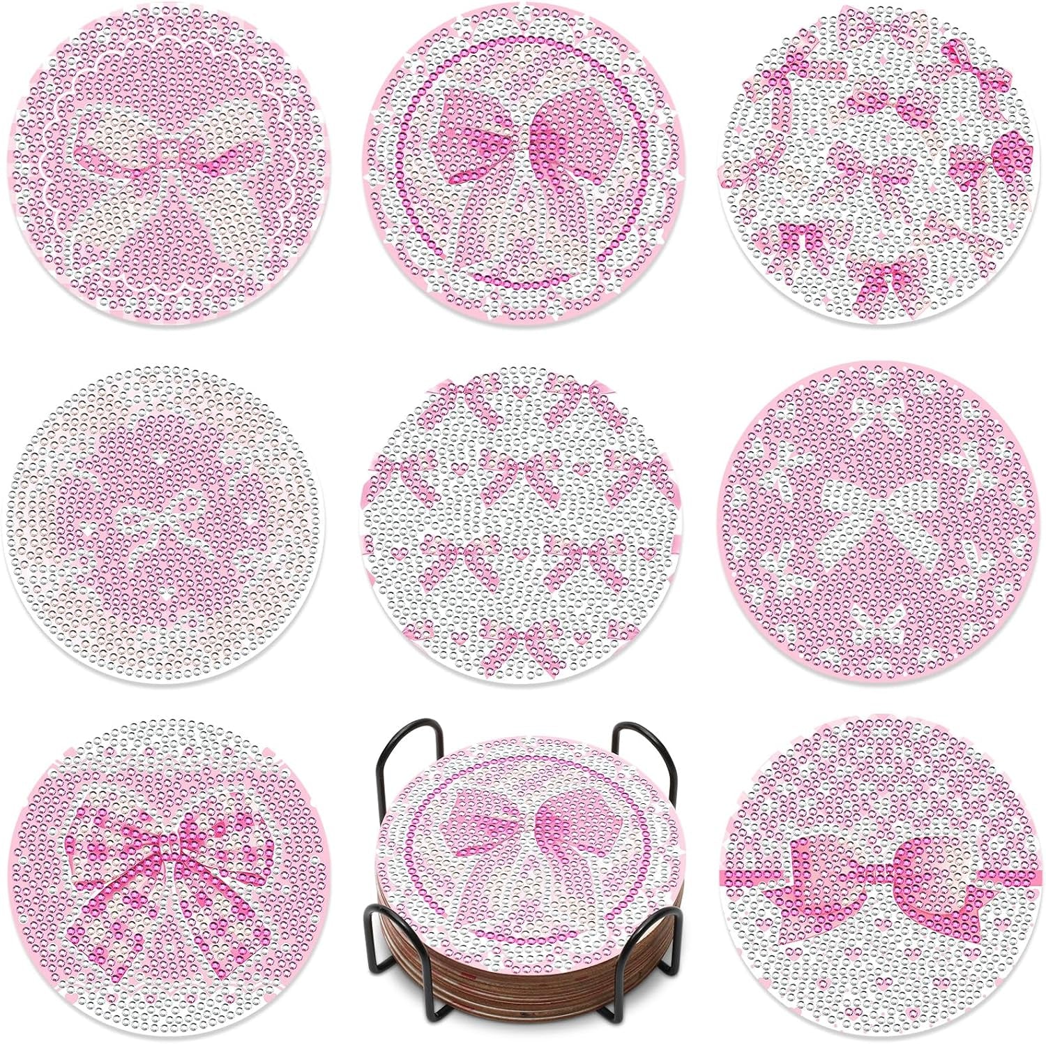 8PCS Pink Bowknot Diamond Art Coasters Set DIY Diamond Coasters Kit Office Home Kitchen Bows Cup Diamonds Painting Coaster