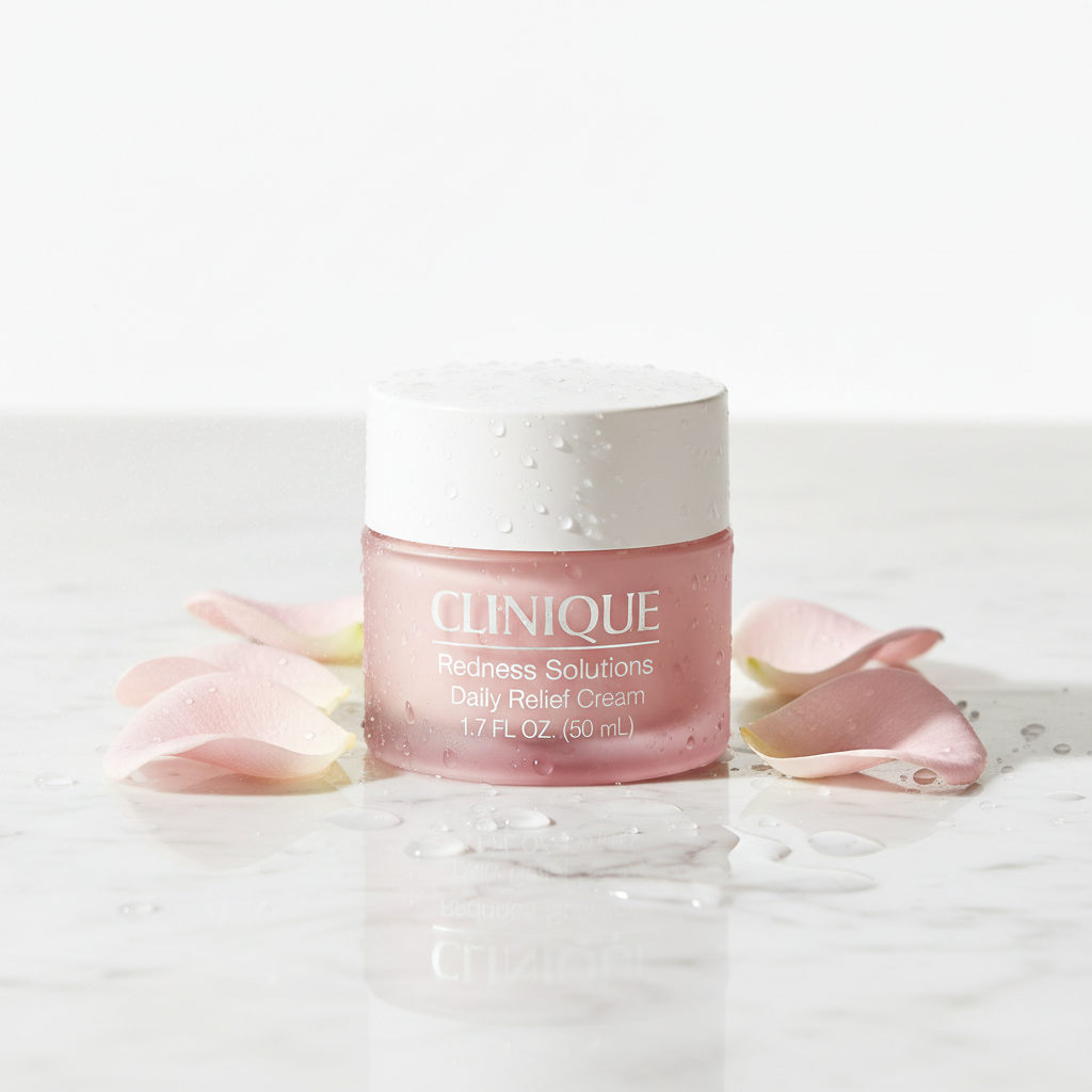 Clinique Redness Solutions Daily Relief Cream on marble surface with rose petals