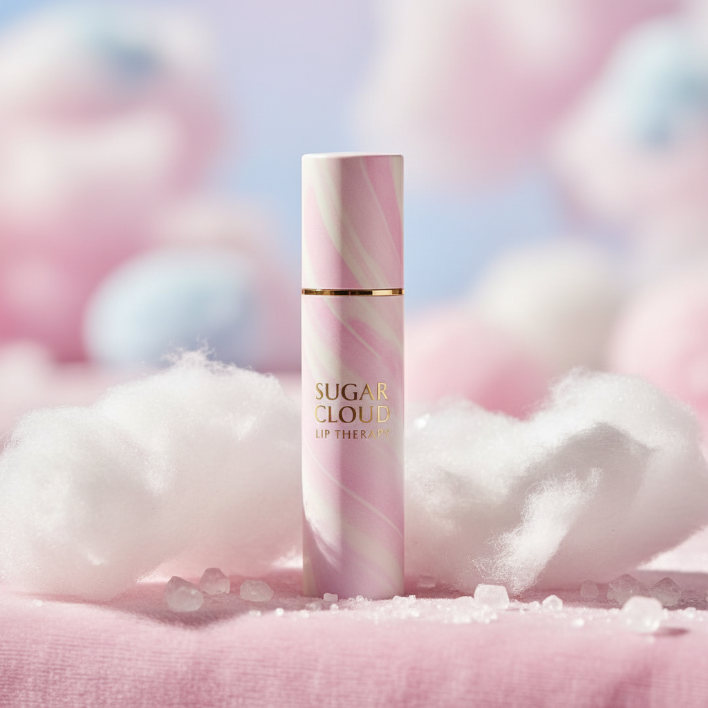 Cotton candy flavored lip balm on pink surface with cotton candy wisps